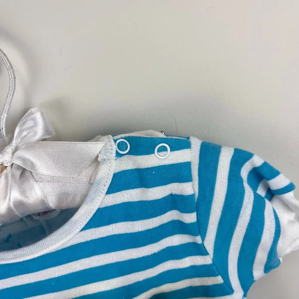 Vintage Hopscotch Blue Striped Teddy Bear Bow Romper 0-6 Months
